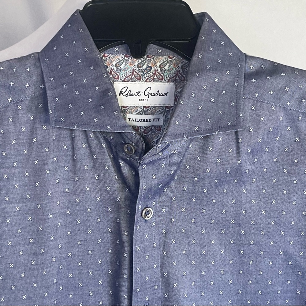 Robert‎ Graham Tailored Fit Dress Shirt Blue Gray with White X pattern 42/16.5